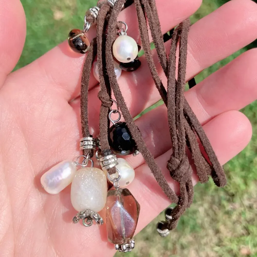 VTG Gemstone Freshwater Pearls Long Necklace Spinel Quartz Tourmaline Suede Boho